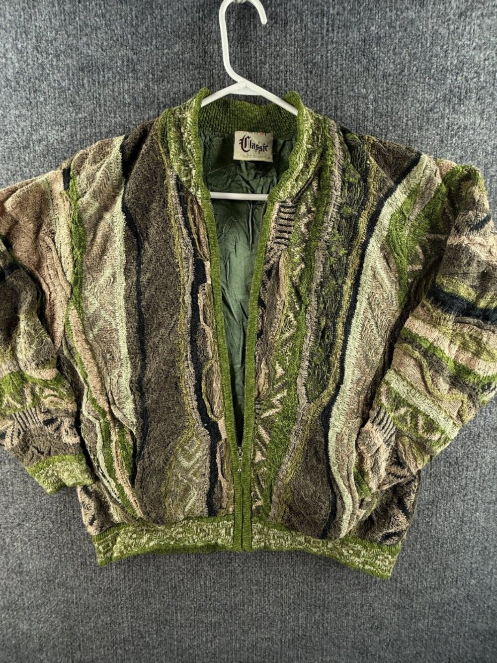 Coogi Classic LINED FULL ZIP Medium Green Sweater Australia 3D Knit Pockets Rare